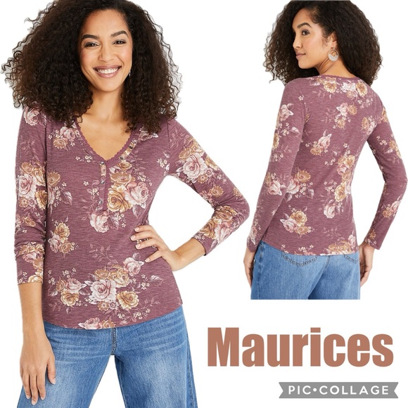 NEW! Maurices Pink Mauve Floral Print Lace Detail V-Neck Long Sleeve Henley Top - Picture 1 of 16